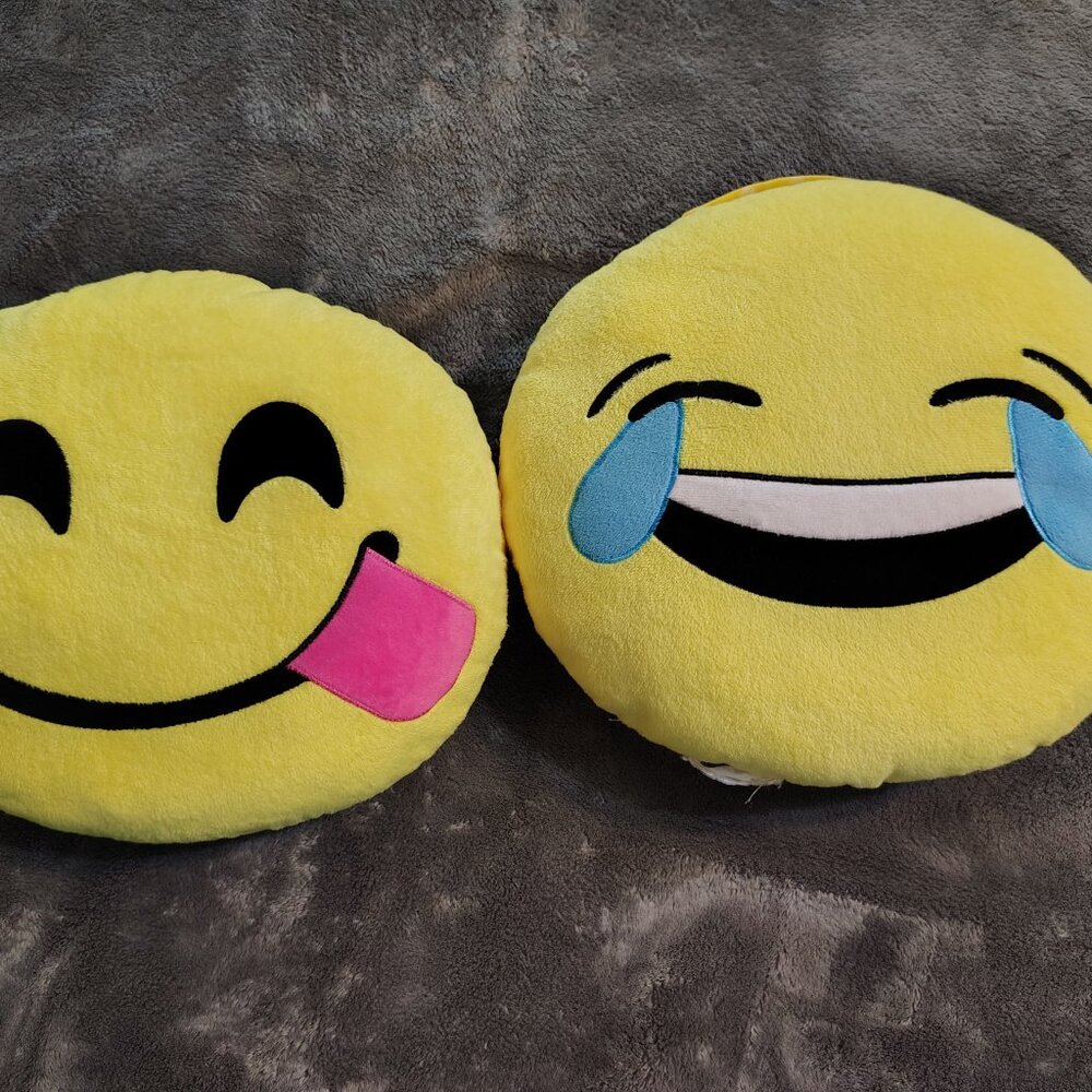 Emoji Pillows - Set of 2 - "YUM" and "Tears of Joy" - Bright Yellow - Plush